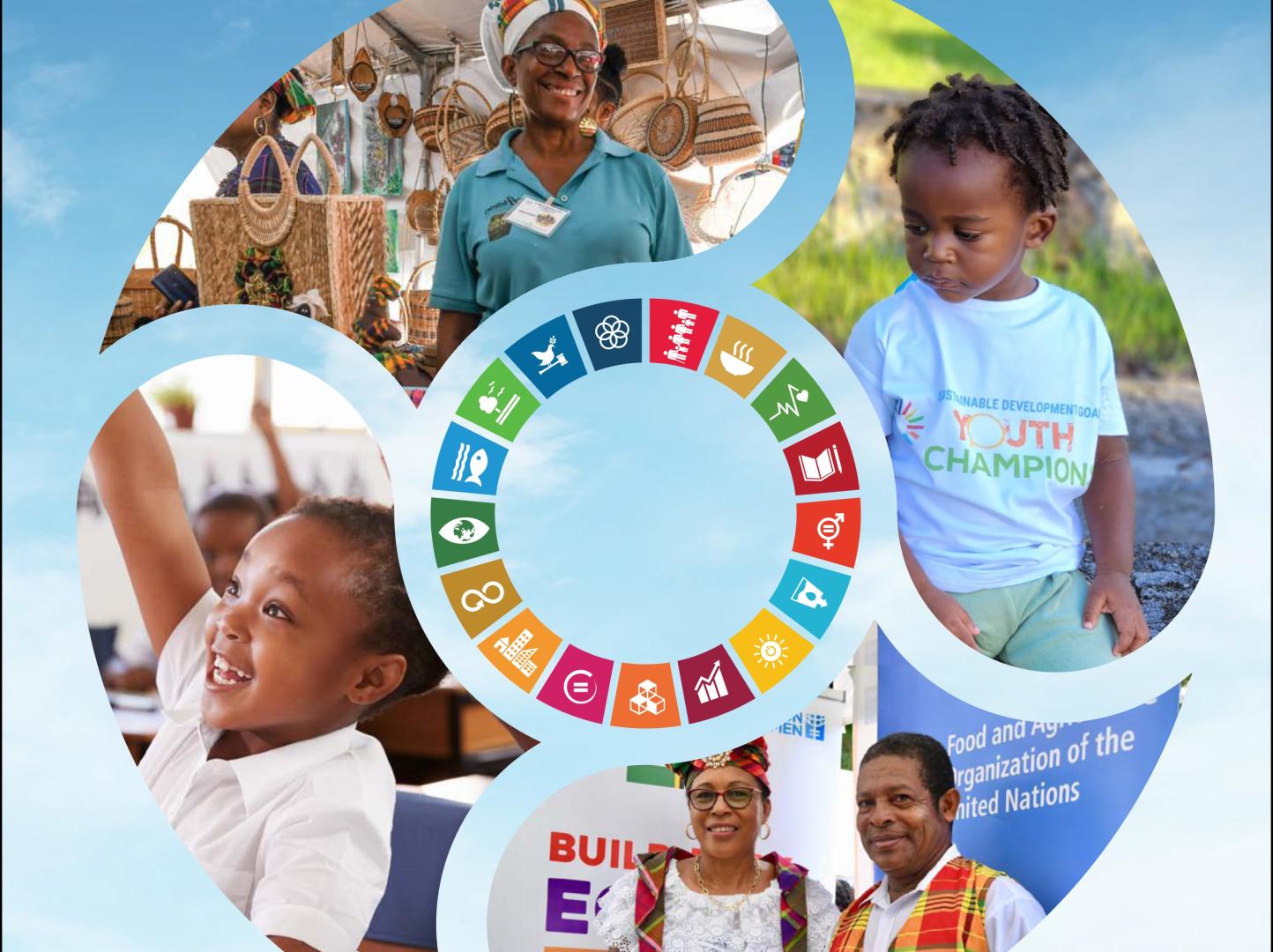 Report cover featuring a circular collage of smiling people of the Caribbean, with an SDG wheel in the middle