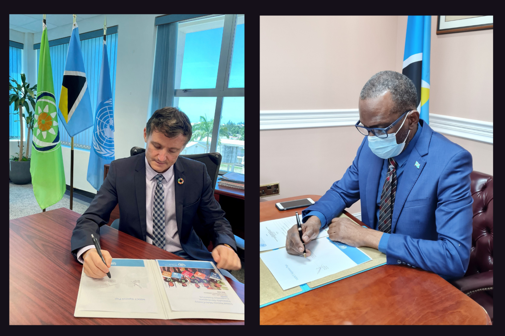 UN resident Coordinator and Prime Minister of Saint Lucia sign the new Cooperation Framework. 