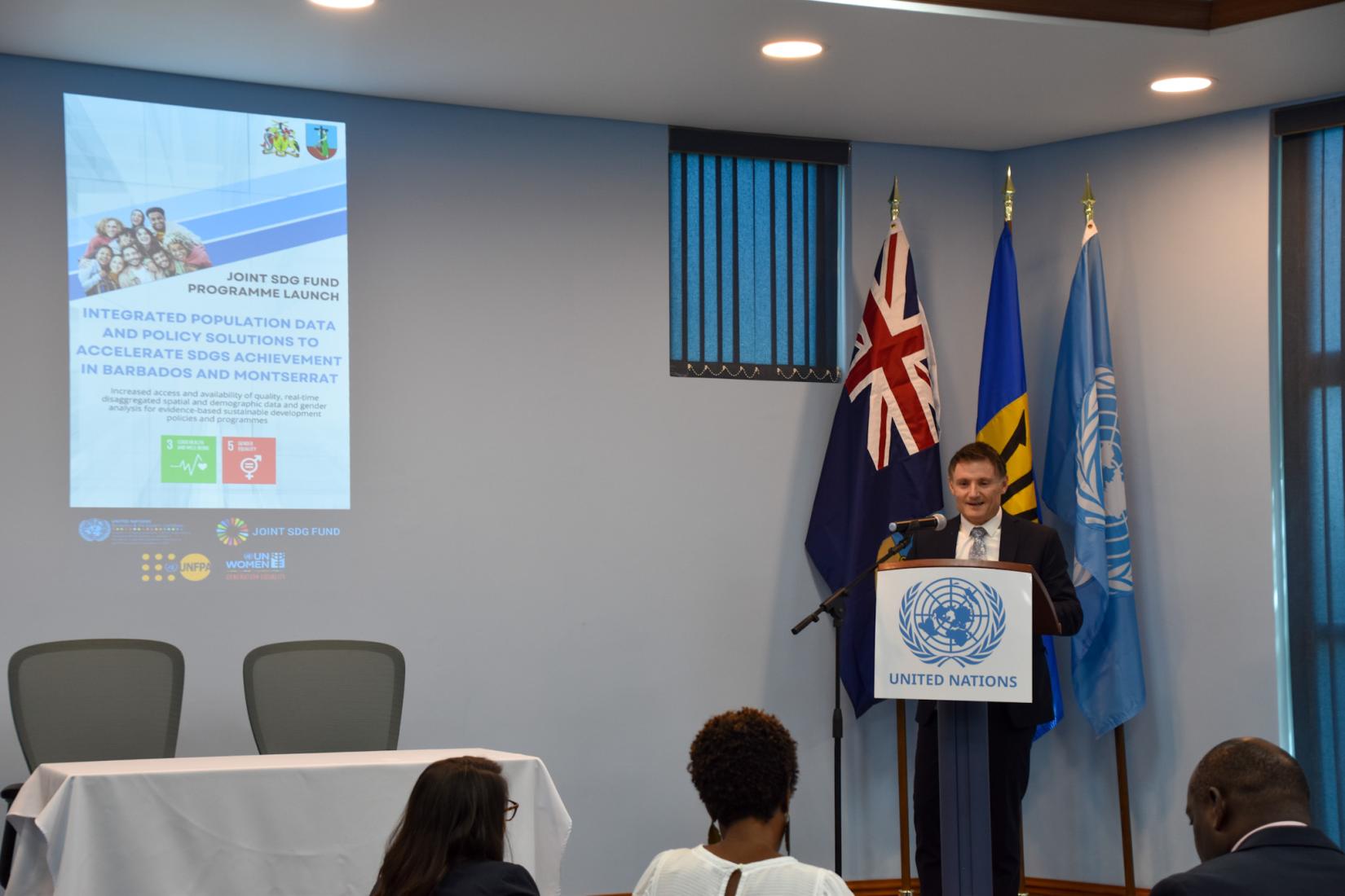 RC Trebucq delivering his remarks at the launch of the Joint SDG Fund Programme: "Integrated Population Data and Policy Solutions to Accelerate SDGs Achievement in Barbados and Montserrat"