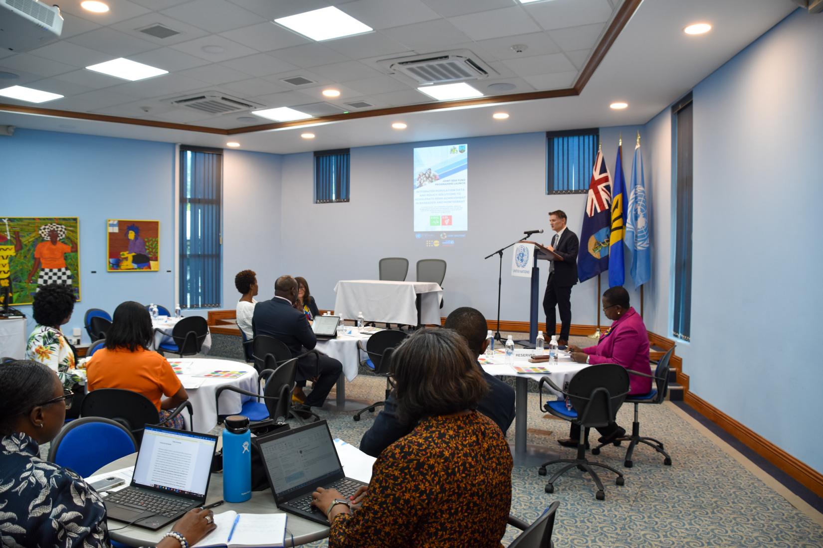 RC Trebucq delivering his remarks at the launch of the Joint SDG Fund Programme: "Integrated Population Data and Policy Solutions to Accelerate SDGs Achievement in Barbados and Montserrat".