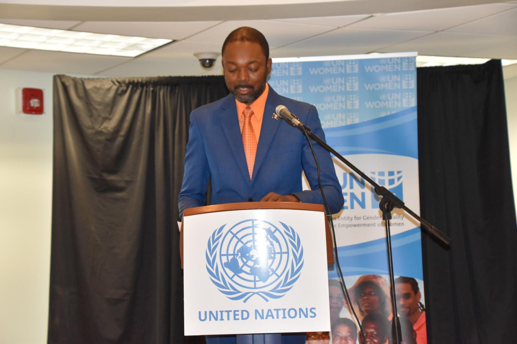 Minister of Labour, Social Partnership Relations and the Third sector in Barbados, the Hon. Colin Jordan delivering his remarks at the ceremony. 