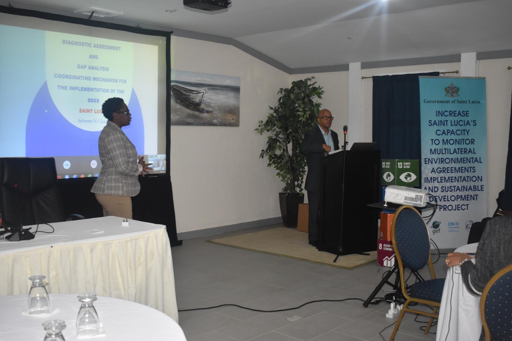 Technical personnel in Saint Lucia participate on Day 1 of the SDG-focused Workshop .