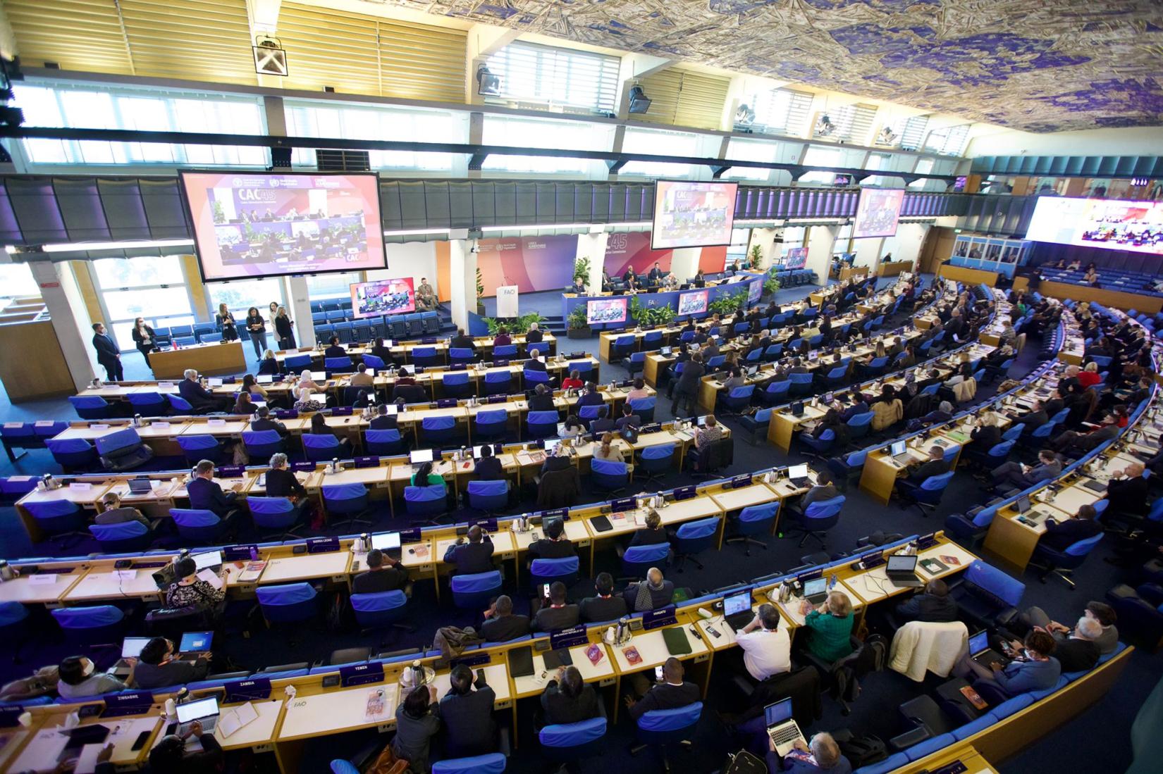 Numerous persons sit in a large chamber facing a podium and large screen