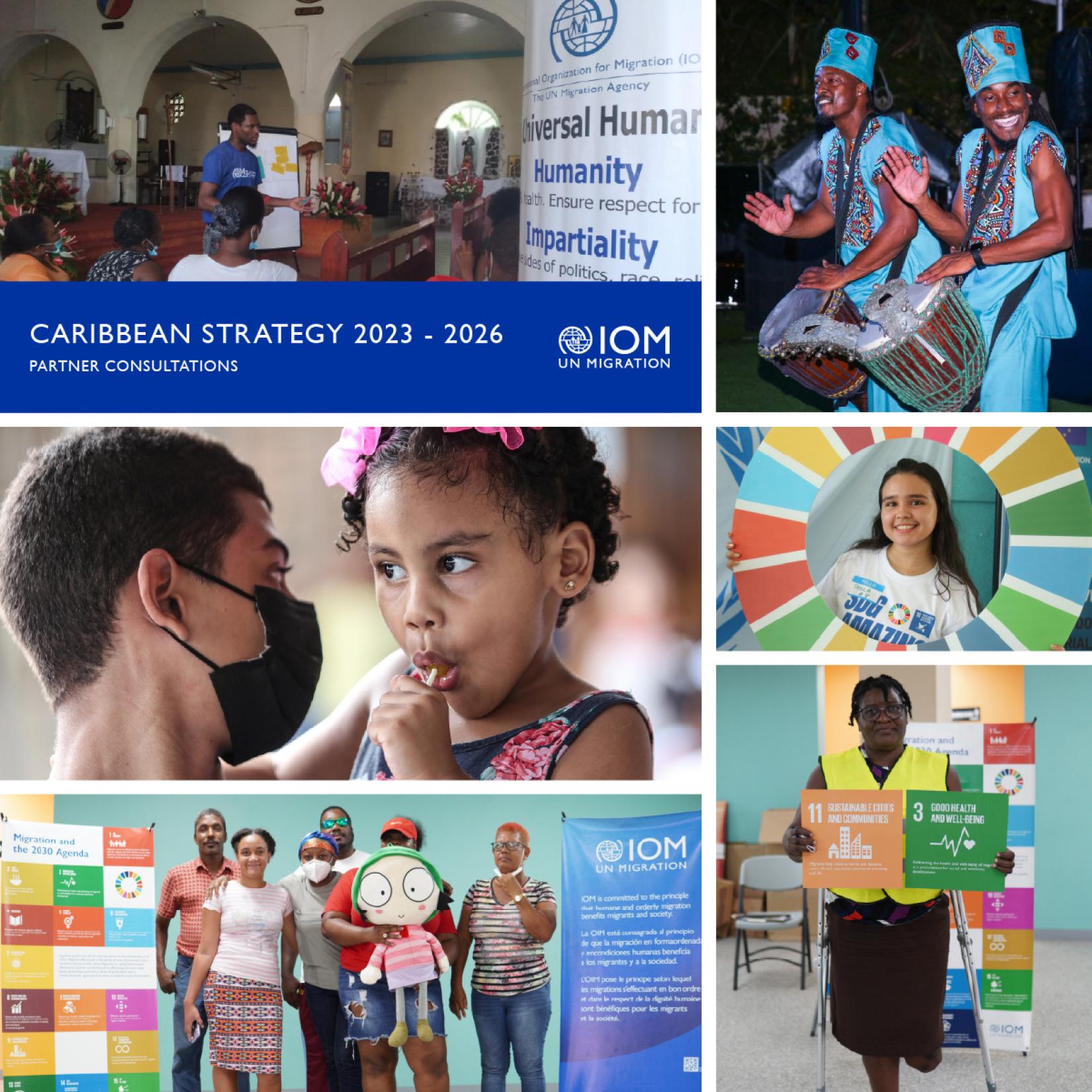 Collage of images of people standing with SDG related materials, with happy faces as the cover photo of the IOM Caribbean-Strategy 2023-2026