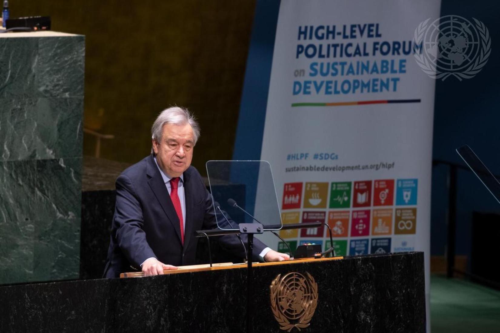 Secretary-General António Guterres addresses the opening of the high-level political forum on sustainable development convened under the auspices of the Economic and Social Council 2022 session (5-15 July). Photo: © UN Photo/Eskinder Debebe