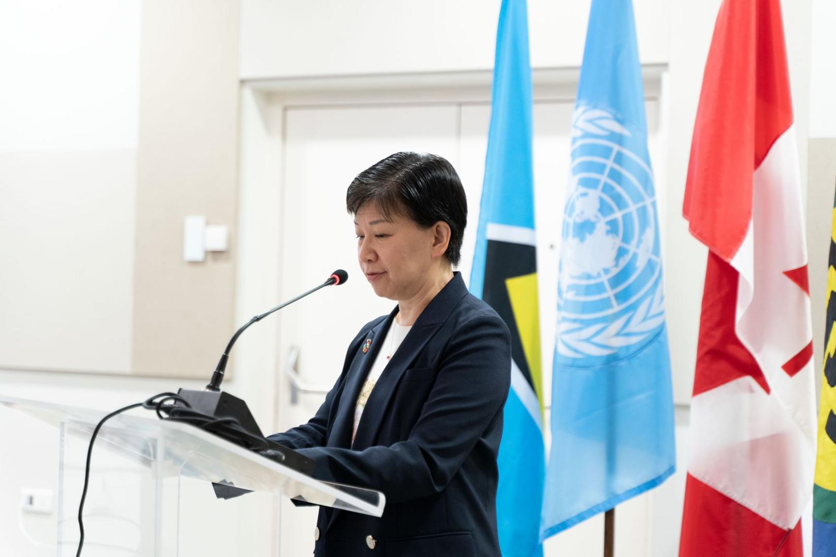 Woman at podium speaking into microphone to an audience with flags behind her.