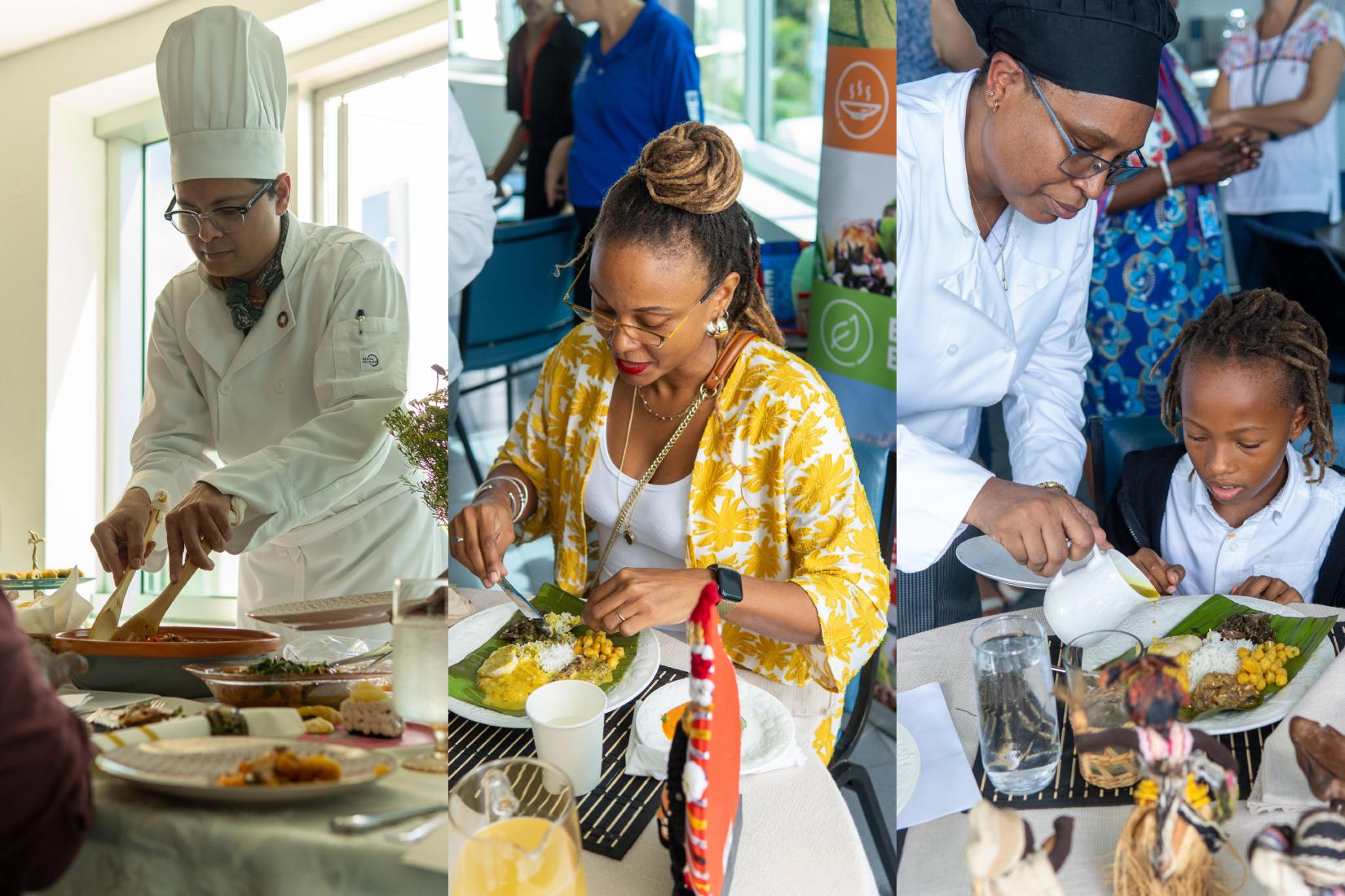 a collage of a man in a chef hat serving food from chef's utentils, a woman in glasses in a yellow kimono sampling a meal, and a woman in a chef's hat serving a sauce on a meal to a young boy