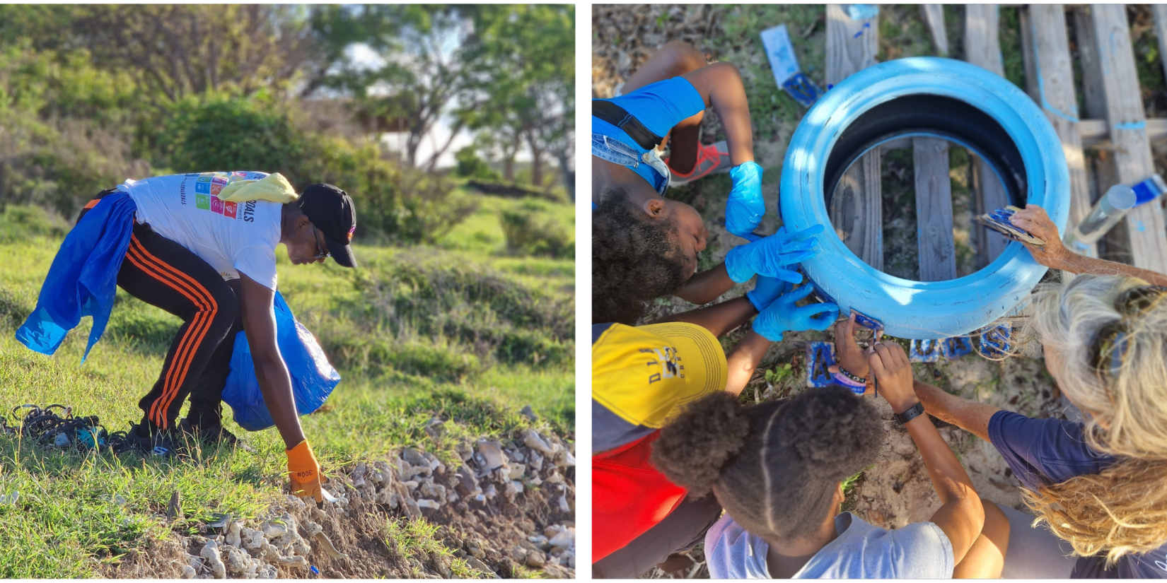 in a collage, a man in an SDG branded shirt and gloves collects garbage along a coastline, next to a photo of young children painting a tyre blue as part of the environmental beautification