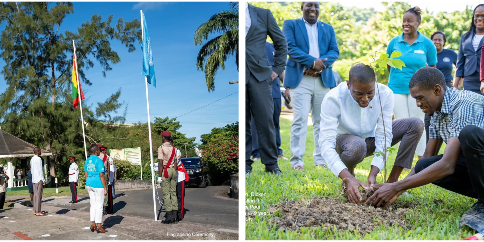 The flag of the United Nations is raised and the Prime Minister of Grenada Dickon Mitchell helps to plant a Poui Tree