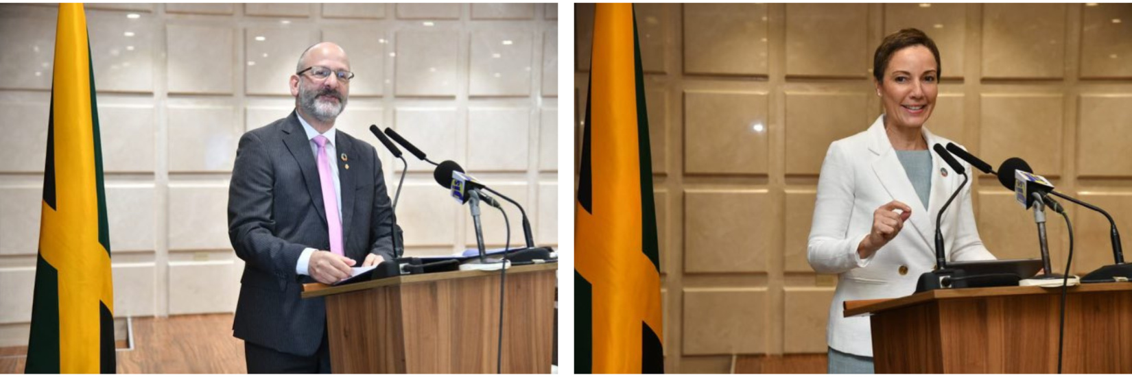 a man and a woman stand at a podium in a collage of two separate photos, with the Jamaican flag in the background