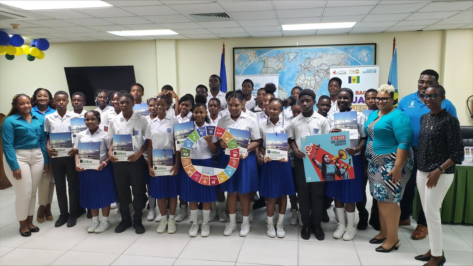 SDG Awareness: Over 35 students from the Adelphi Secondary School were educated about the UN and its support for the country's national development priorities and its vision of achieving the 17 SDGs by 2030, during the School Awareness Session. 