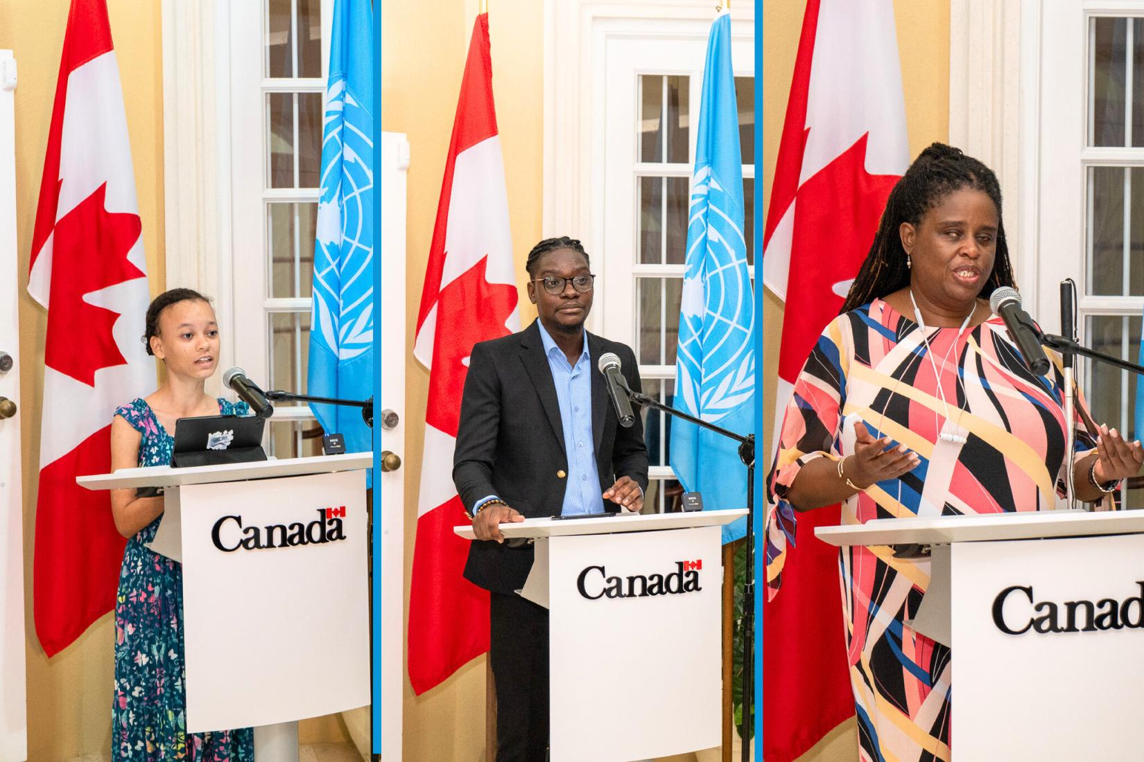 collage of persons standing behind a Canada podium with the Canadian and UN flags behind them speaking to an audience 