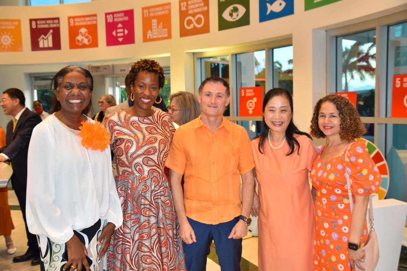 Smiling for a photo opportunity before the event began are (L-R) Limya Eltayeb, Resident Representative For UNDP Barbados And The Eastern Caribbean, Tonni Brodber, Representative of the UN Women Multi-Country Office for the Caribbean, Didier Trebucq, Resident Coordinator for Barbados and the Eastern Caribbean, Kayoko Fukushima, Japanese Ambassador to Barbados, and Amalia Del Riego, PAHO/WHO Representative for Barbados and the Eastern Caribbean. 