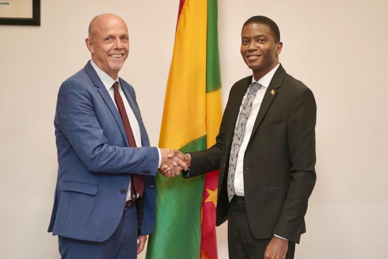 UNICEF's Representative for the Eastern Caribbean, Pieter Bult, greeting Prime Minister of Grenada, Carriacou and Petite Martinique, Hon. Dickon Mitchell, during his first official visit to the island this month.