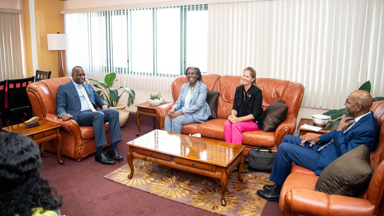 Prime Minister of the Commonwealth of Dominica, Dr Roosevelt Skerrit welcomes Resident Representative for @undpbarbadosec Limya Eltayeb to the Prime Minister's Office for an official courtesy call, joined by the Head of the UNDP Dominica Project Office, Laura Hildebrandt and other officials.