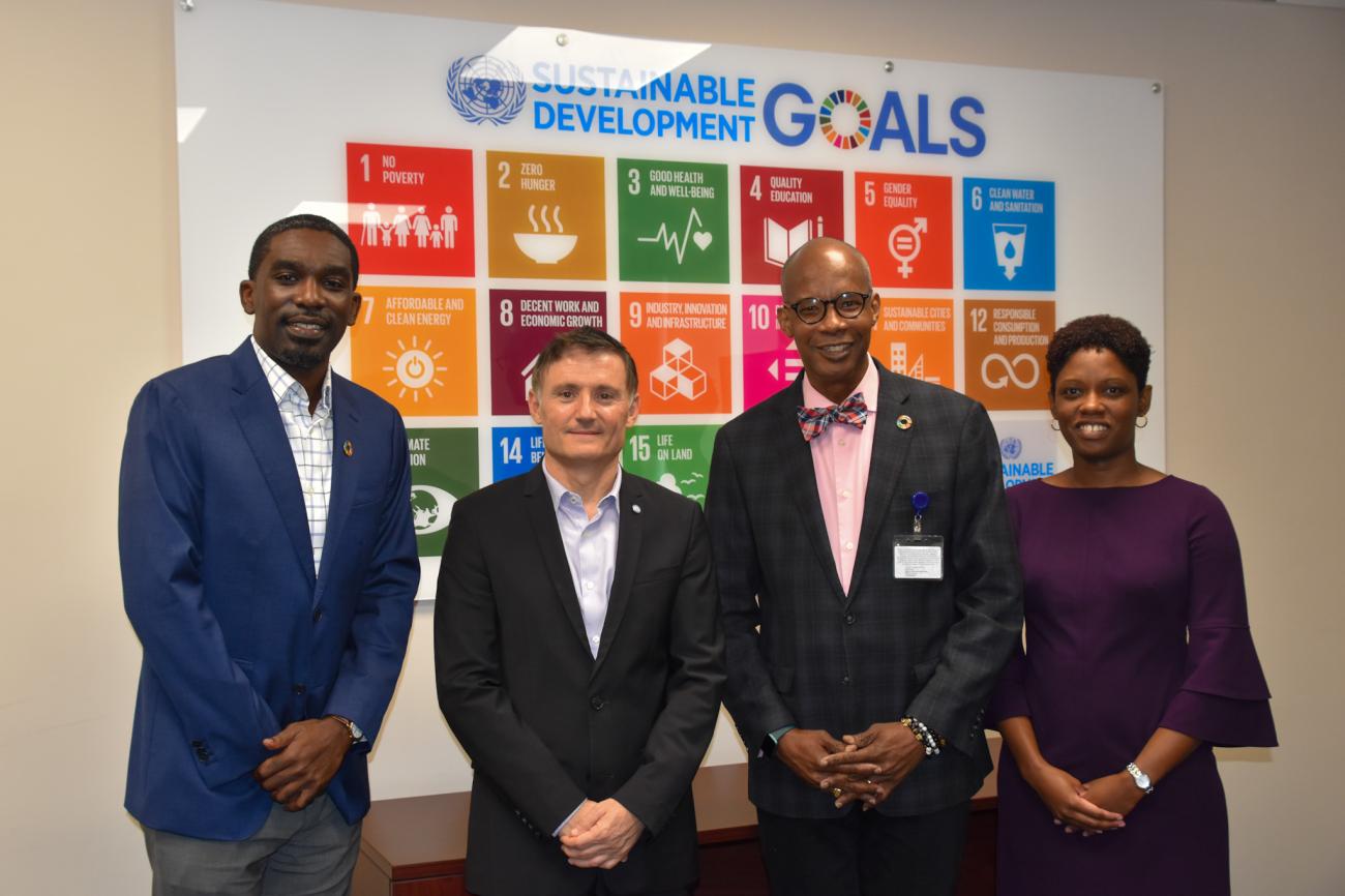 Present at the signing were (L-R) UN Global Compact Multi-Country Manager at the United Nations Global Compact Leslie Gittens, Resident Coordinator Didier Trebucq, Managing Director of the Barbados Stock Exchange Inc Marlon E. Yarde, and RCO Partnerships and Development Finance Officer, Tia Browne. 