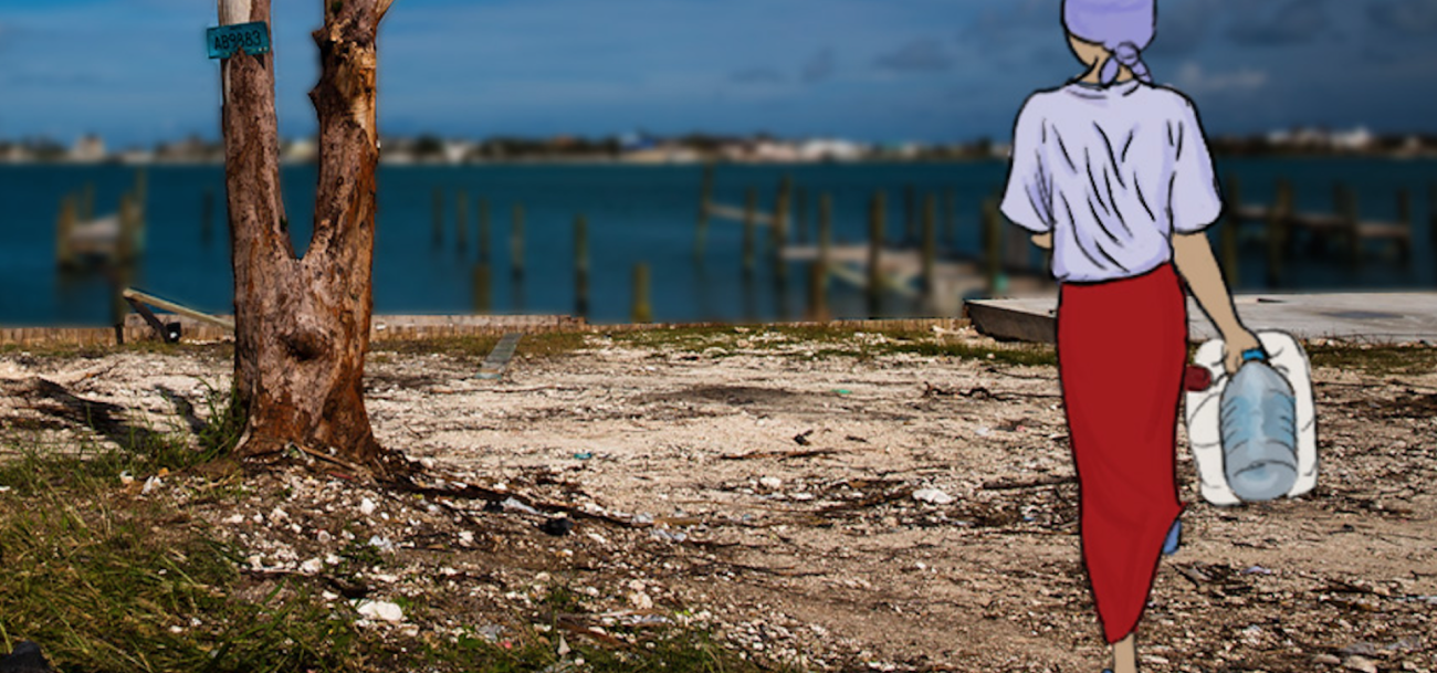 mixed media photo of woman holding bottles walking towards dock