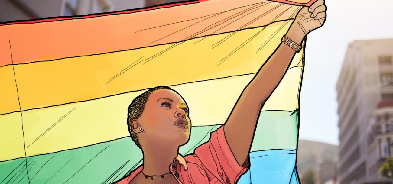 graphic of woman of african descent holding a rainbow flag