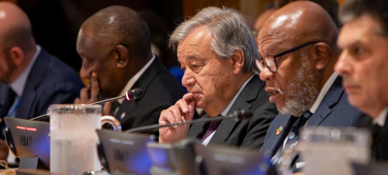 The UN Secretary-General, António Guterres (centre) and the President of the General Assembly (2nd right) Dennis Francis attend the High-level Dialogue on Financing for Development at UN Headquarters.