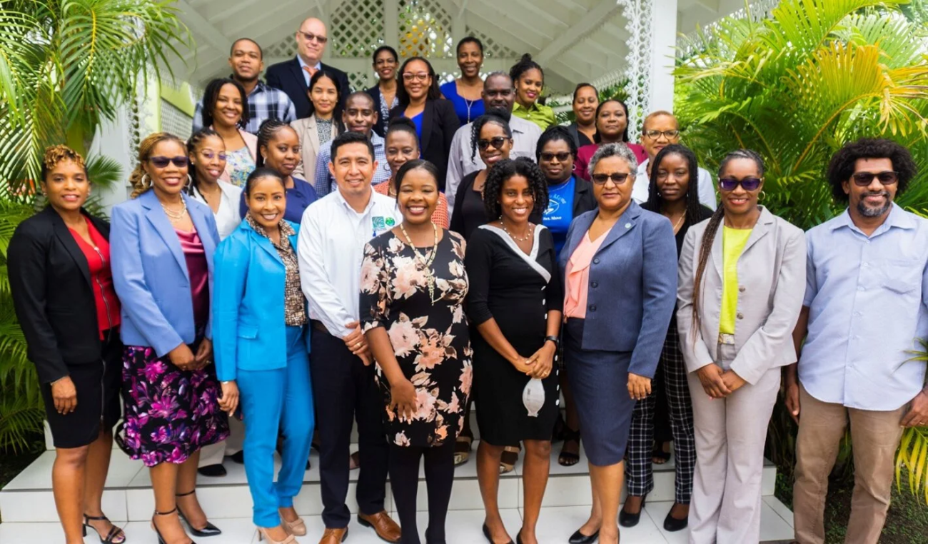 Staff of from the Saint Lucia Ministries of Health, Environment, and Sustainable Development attended the Green Climate Fund workshop standing on stairs and smiling