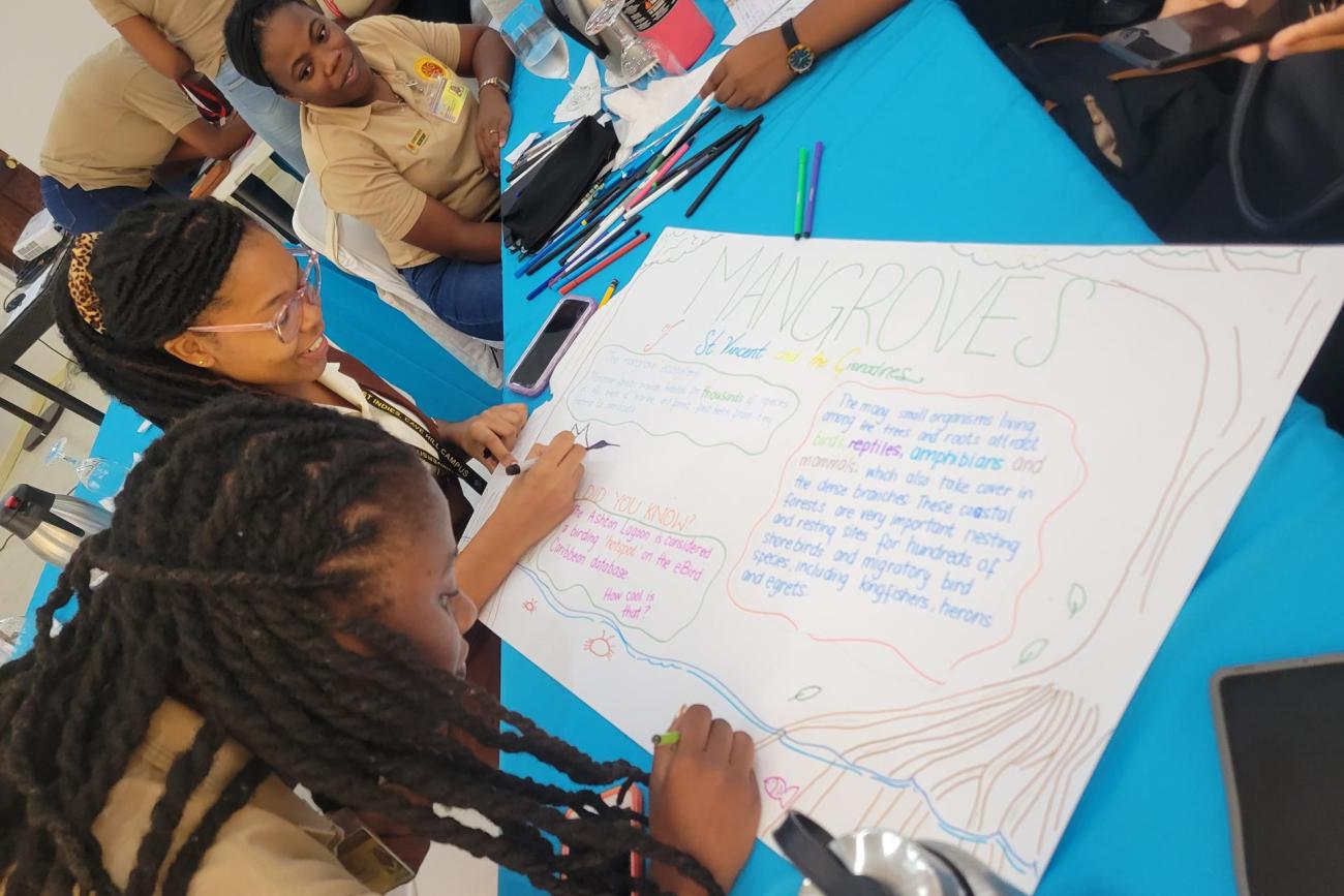 two girls use colourful markers to design a chart on Mangroves