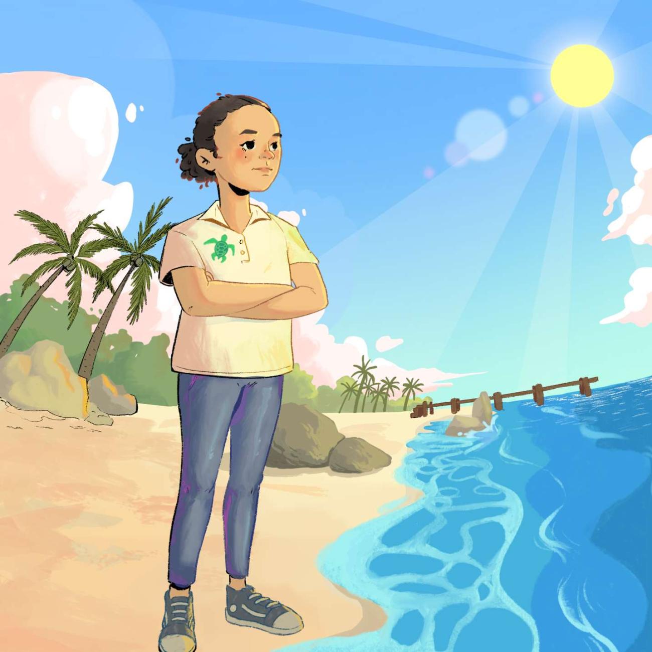 A cartoon of a child standing on a beach