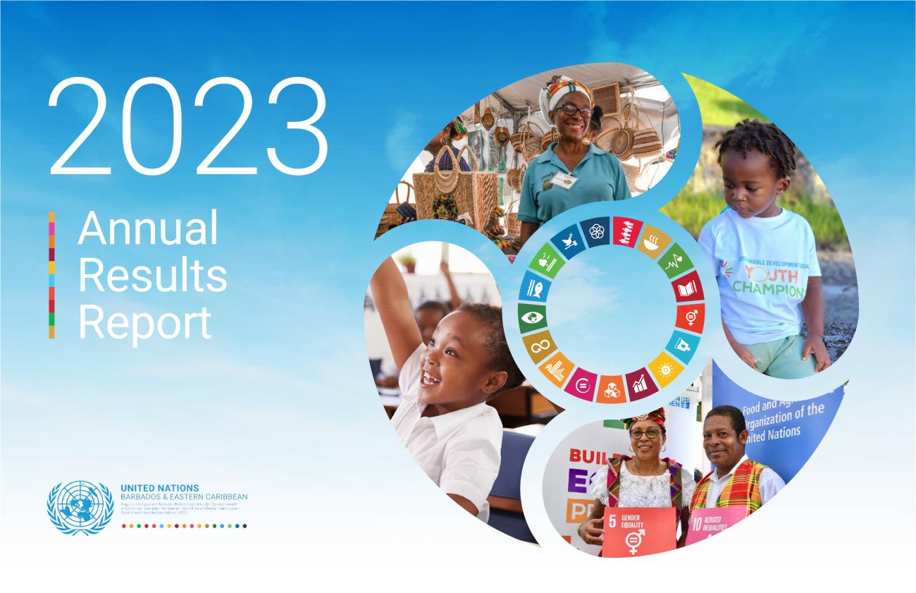A report cover which says 2023 Annual Results Report, and which features a wheel collage of children and an SDG Wheel in the middle of a group of people