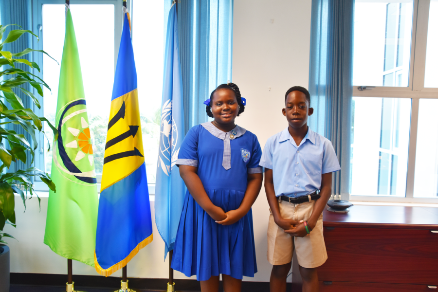 Awardees Diamond Anthony and Kamar Scott during their visit to UN House, Barbados.