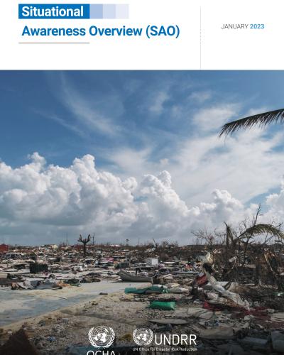 Front page of the UN OCHA & UNDRR Situation Awareness Overview Report on the Eastern Caribbean sub-region. It shows an image of the aftermath of a hurricane, with items littered everywhere