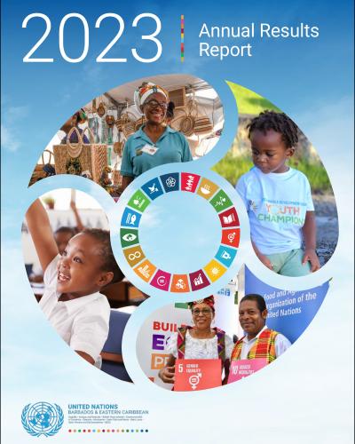 Report cover featuring a circular collage of smiling people of the Caribbean, with an SDG wheel in the middle