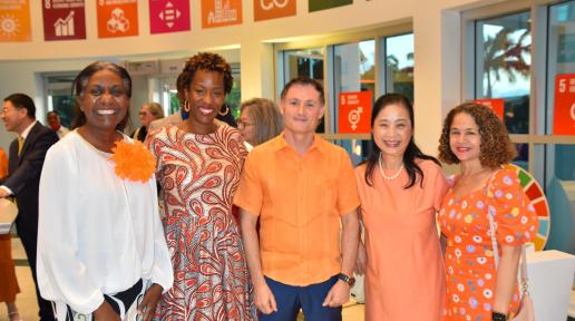 Smiling for a photo opportunity before the event began are (L-R) Limya Eltayeb, Resident Representative For UNDP Barbados And The Eastern Caribbean, Tonni Brodber, Representative of the UN Women Multi-Country Office for the Caribbean, Didier Trebucq, Resident Coordinator for Barbados and the Eastern Caribbean, Kayoko Fukushima, Japanese Ambassador to Barbados, and Amalia Del Riego, PAHO/WHO Representative for Barbados and the Eastern Caribbean. 