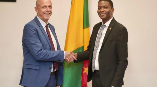 UNICEF's Representative for the Eastern Caribbean, Pieter Bult, greeting Prime Minister of Grenada, Carriacou and Petite Martinique, Hon. Dickon Mitchell, during his first official visit to the island this month.