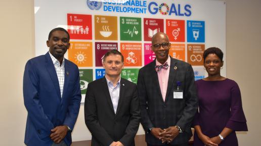 Present at the signing were (L-R) UN Global Compact Multi-Country Manager at the United Nations Global Compact Leslie Gittens, Resident Coordinator Didier Trebucq, Managing Director of the Barbados Stock Exchange Inc Marlon E. Yarde, and RCO Partnerships and Development Finance Officer, Tia Browne. 