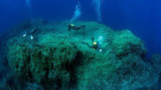 A team of scientific divers assess the marine biodiversity on the top of a seamount in Porto Santo, Madeira, Portugal.