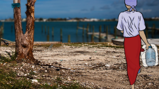 mixed media photo of woman holding bottles walking towards dock