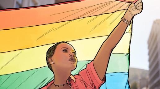 graphic of woman of african descent holding a rainbow flag