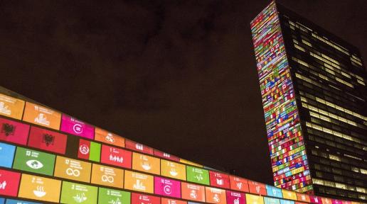 The Sustainable Development Goals projected onto UN Headquarters, New York, in 2015