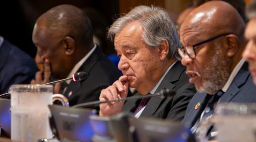 The UN Secretary-General, António Guterres (centre) and the President of the General Assembly (2nd right) Dennis Francis attend the High-level Dialogue on Financing for Development at UN Headquarters.
