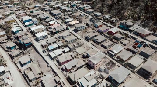 rows and rows of houses in St. Vincent from above, covered in Ash from the eruption of La Soufriere