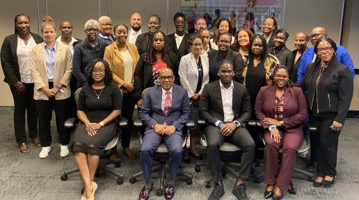 Workshop participants from across the Caribbean sit and stand for a group photo