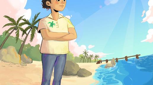 A cartoon of a child standing on a beach