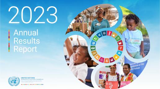A report cover which says 2023 Annual Results Report, and which features a wheel collage of children and an SDG Wheel in the middle of a group of people